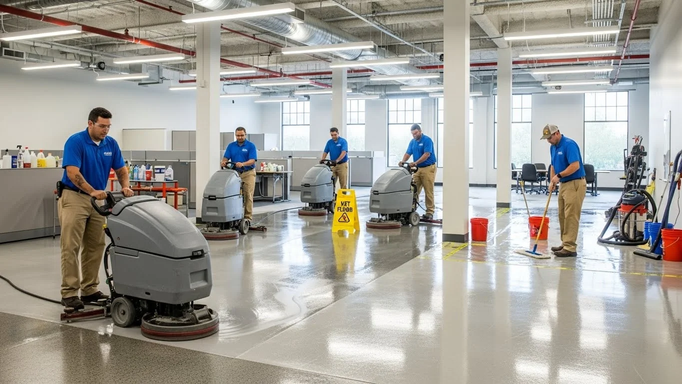 Professional maintenance team properly cleaning epoxy flooring in Dallas Fort Worth commercial facility, workers using appropriate cleaning equipment and materials, safety protocols visible, commercial workspace environment, daytime photography with natural and artificial lighting, realistic workplace documentation quality. Epoxy Flooring ROI Dallas Fort Worth: Investment Guide