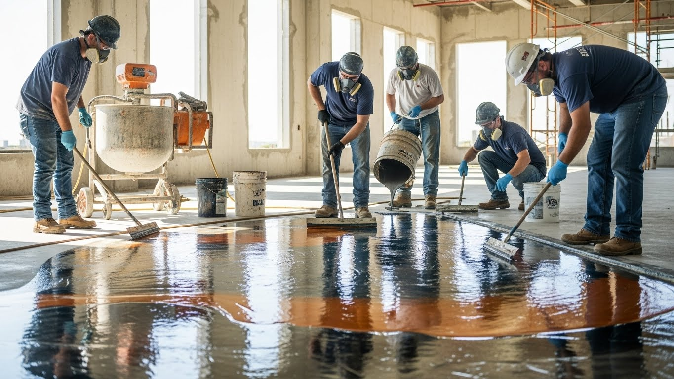 Commercial kitchen equipment on durable epoxy floor coating Commercial kitchen equipment on durable epoxy floor coating