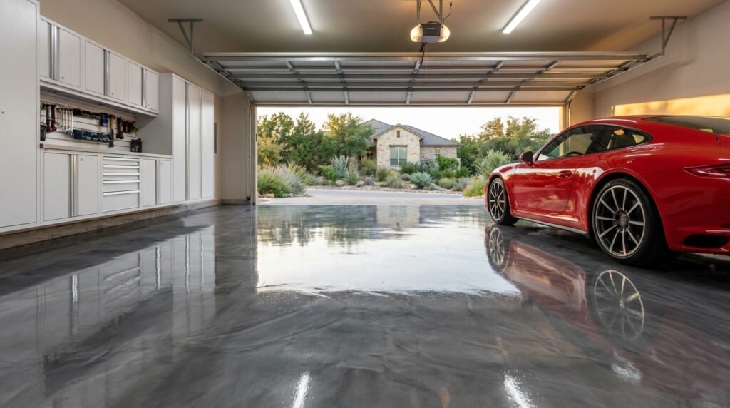 Residential epoxy flooring installed in a modern home garage in Austin TX with a glossy gray metallic finish