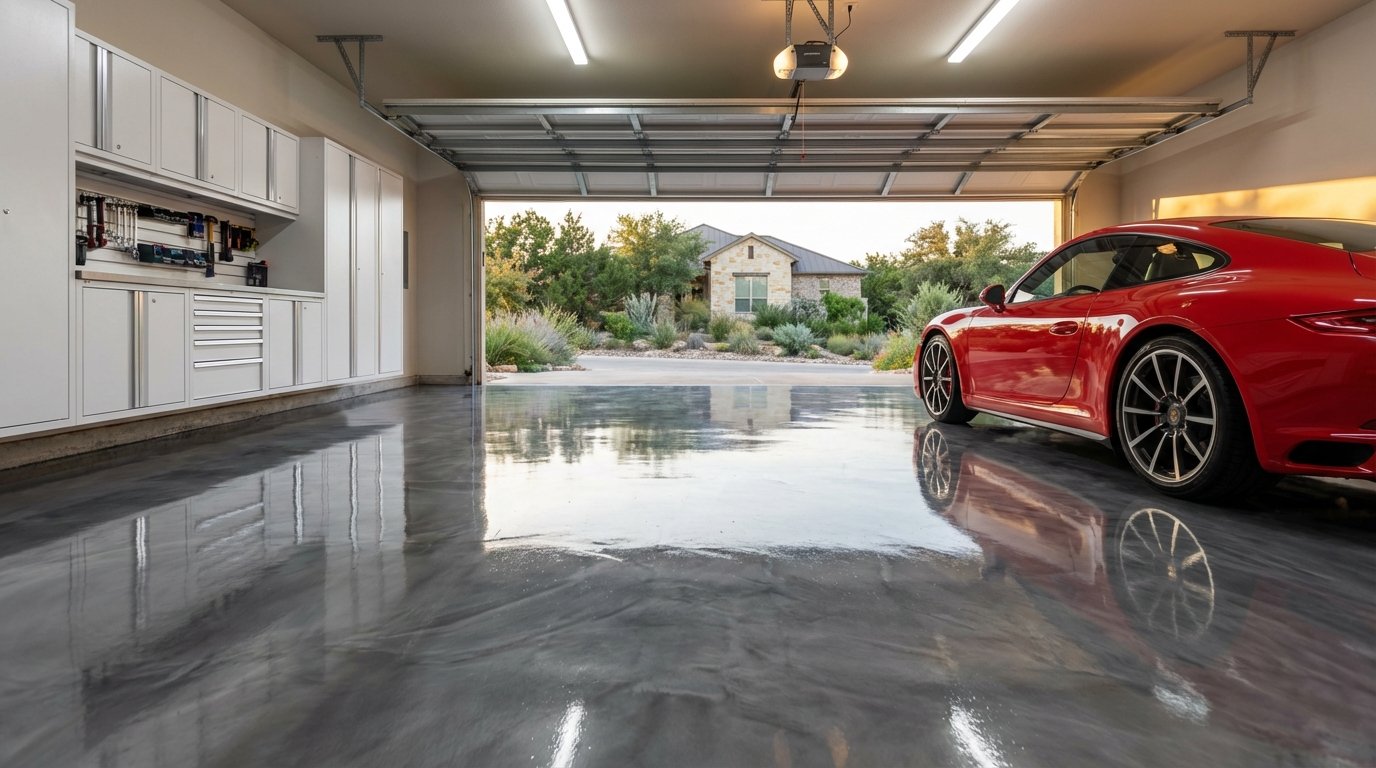 Residential epoxy flooring installed in a modern home garage in Austin TX with a glossy gray metallic finish