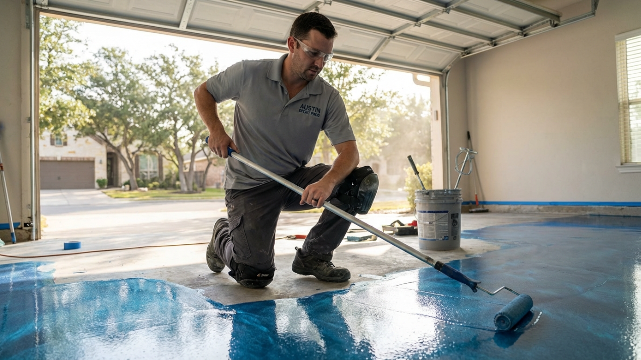 Professional epoxy flooring installer applying metallic epoxy base coat on a residential garage floor in Austin Texas