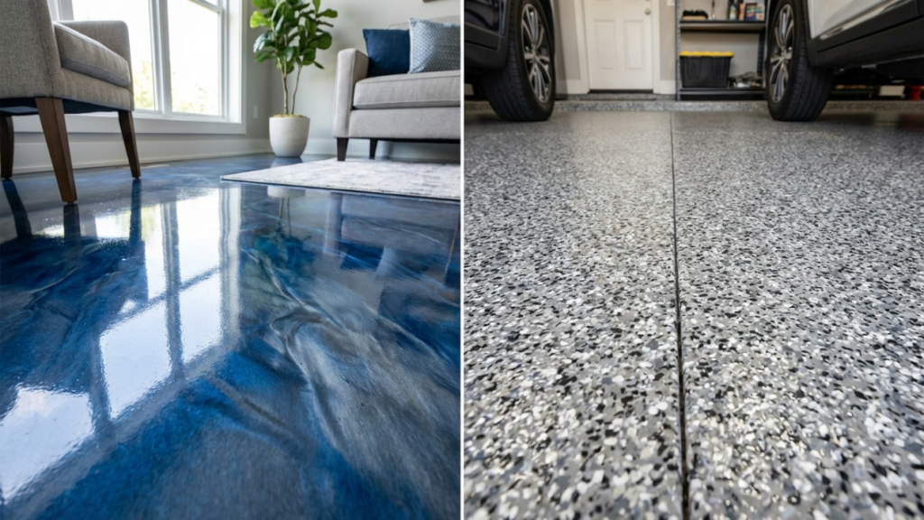 Side-by-side comparison of metallic epoxy flooring and decorative flake epoxy flooring in a residential home