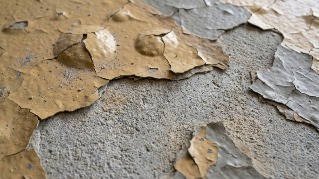 Close-up of a failed DIY epoxy floor showing peeling and bubbling on a residential garage concrete surface