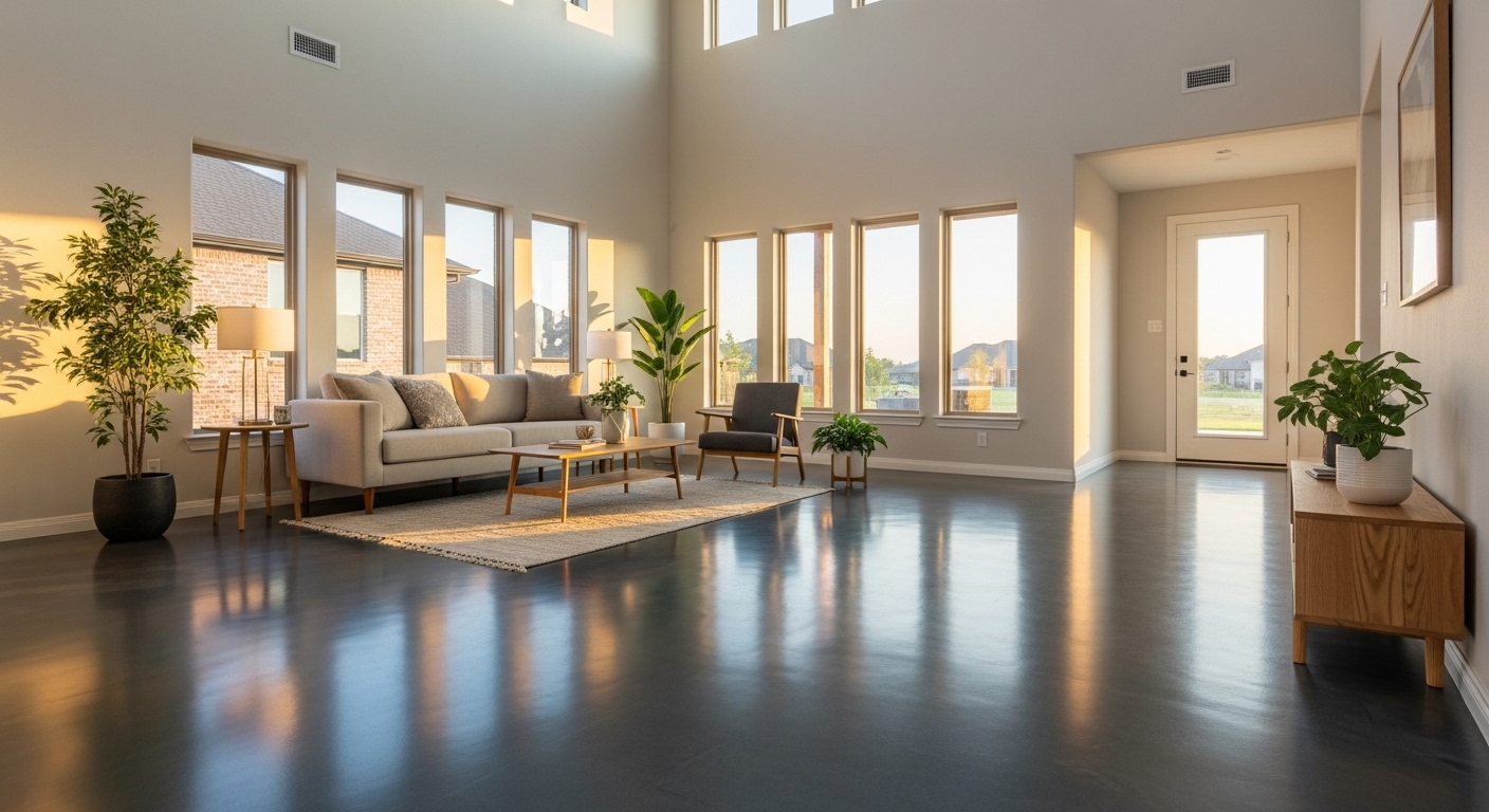 reflective low VOC epoxy flooring in modern living room — energy efficient"