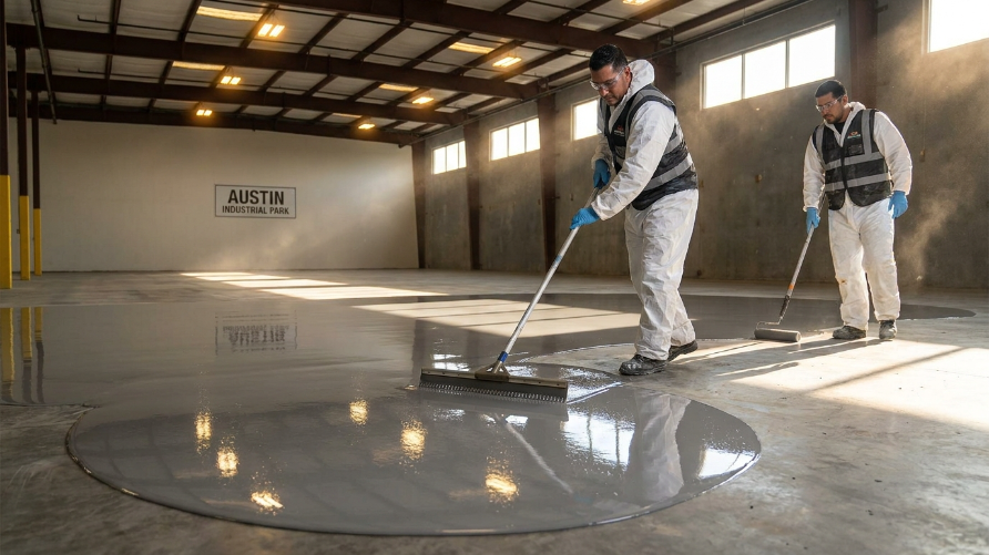 Epoxy flooring contractor Austin TX — two professional workers applying gray epoxy coating on large industrial warehouse floor