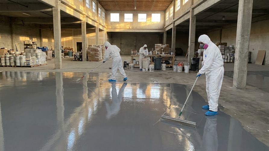 commercial epoxy flooring cost Austin TX 2026 installation crew applying coating warehouse