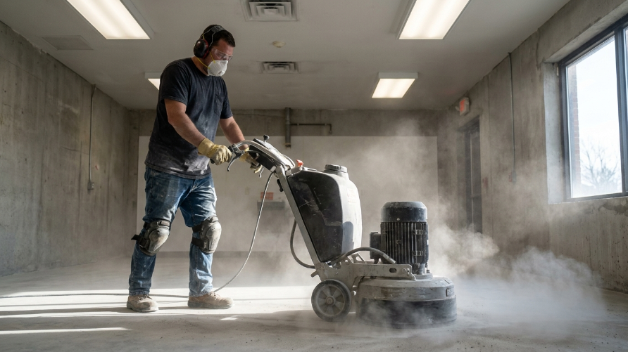: professional epoxy flooring installer grinding concrete in a Texas commercial restaurant — best epoxy flooring installation