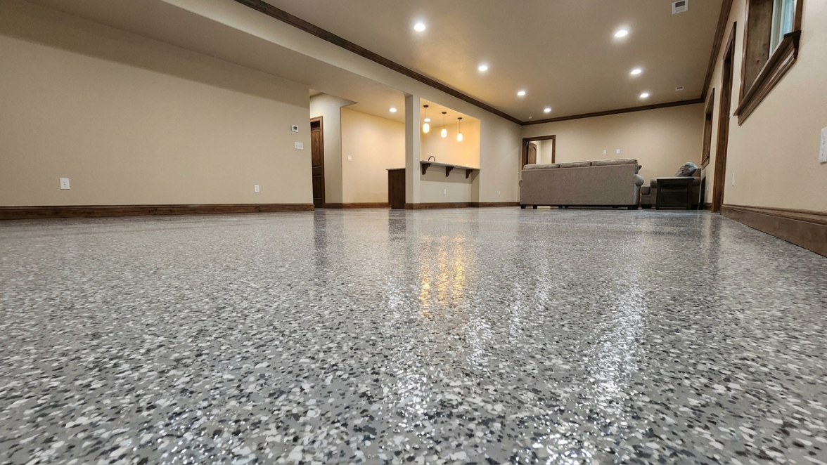 finished decorative epoxy flake basement floor Austin Texas after moisture remediation