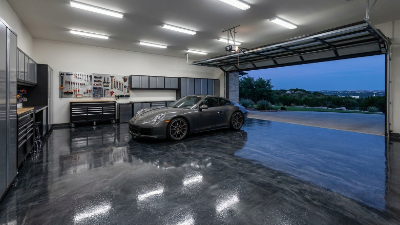 stunning epoxy garage floor completed by Rio Epoxy Flooring Austin Texas