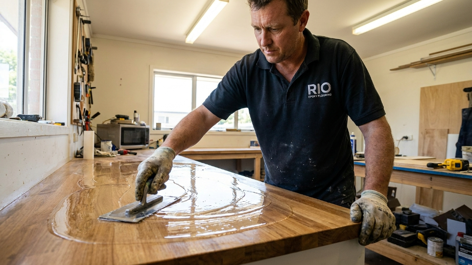 Technician applying epoxy coating to a countertop in Austin, Texas