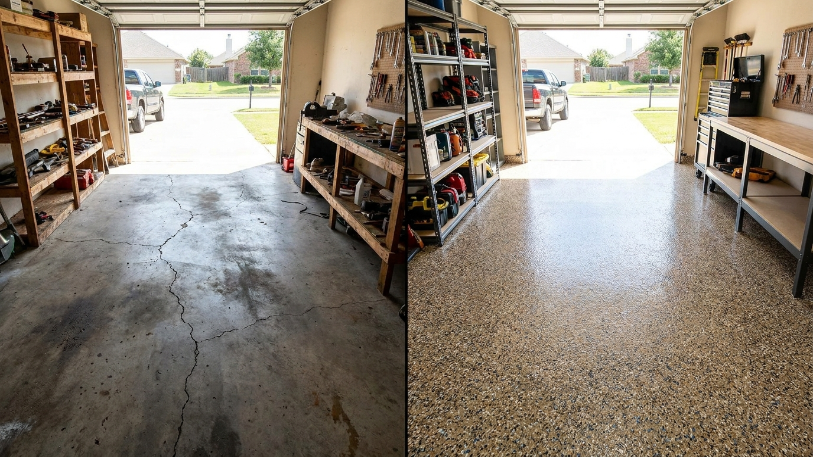 epoxy garage floor cost Frisco TX 2026 — before and after concrete floor transformation