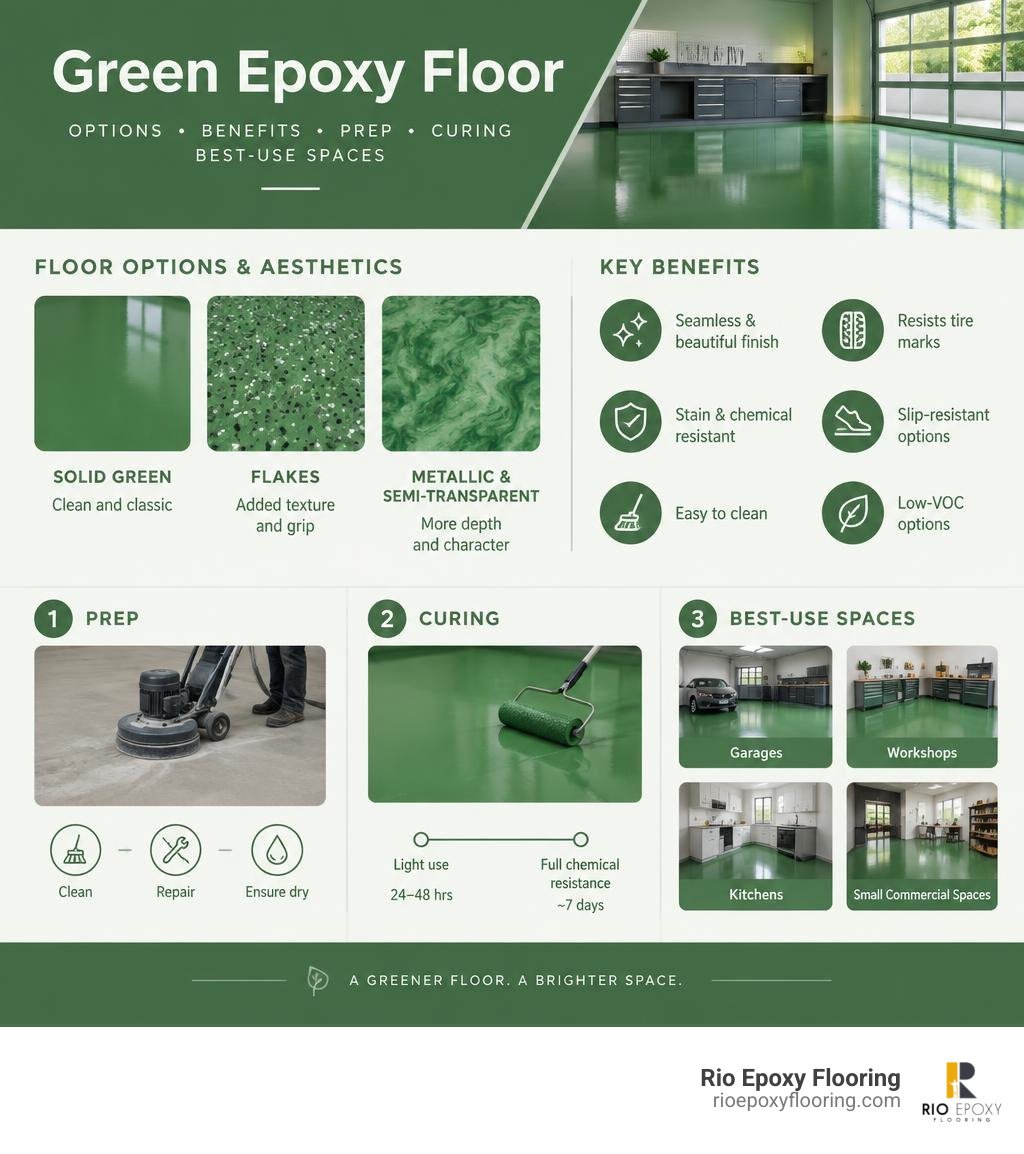 Green epoxy floor options, benefits, prep, curing, and best-use spaces infographic Green epoxy floor options, benefits, prep, curing, and best-use spaces infographic