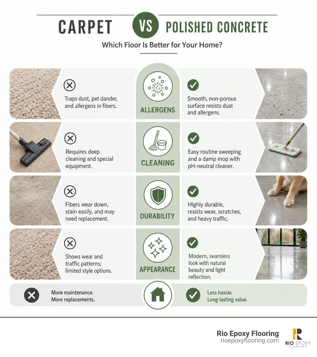 Carpet versus polished concrete benefits for allergens, cleaning, durability, and appearance infographic Carpet versus polished concrete benefits for allergens, cleaning, durability, and appearance infographic