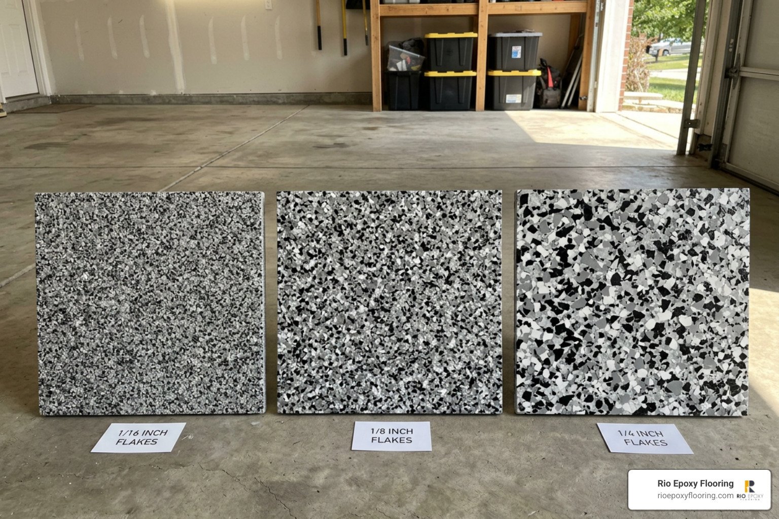 Comparing 1/16-inch, 1/8-inch, and 1/4-inch epoxy flake sizes on concrete Comparing 1/16-inch, 1/8-inch, and 1/4-inch epoxy flake sizes on concrete