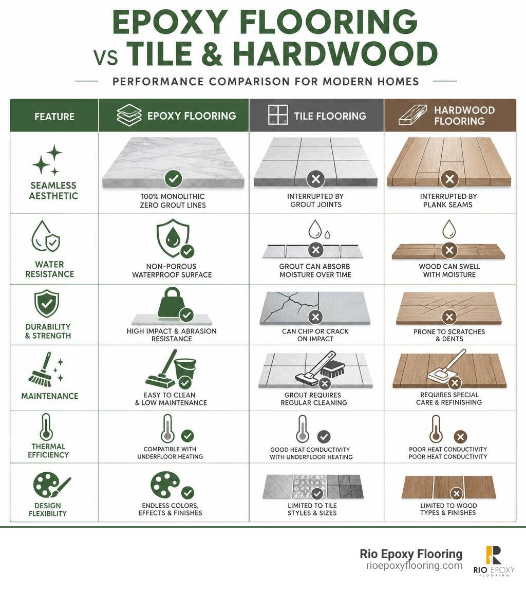 Comparison of epoxy flooring vs tile and hardwood performance infographic Comparison of epoxy flooring vs tile and hardwood performance infographic