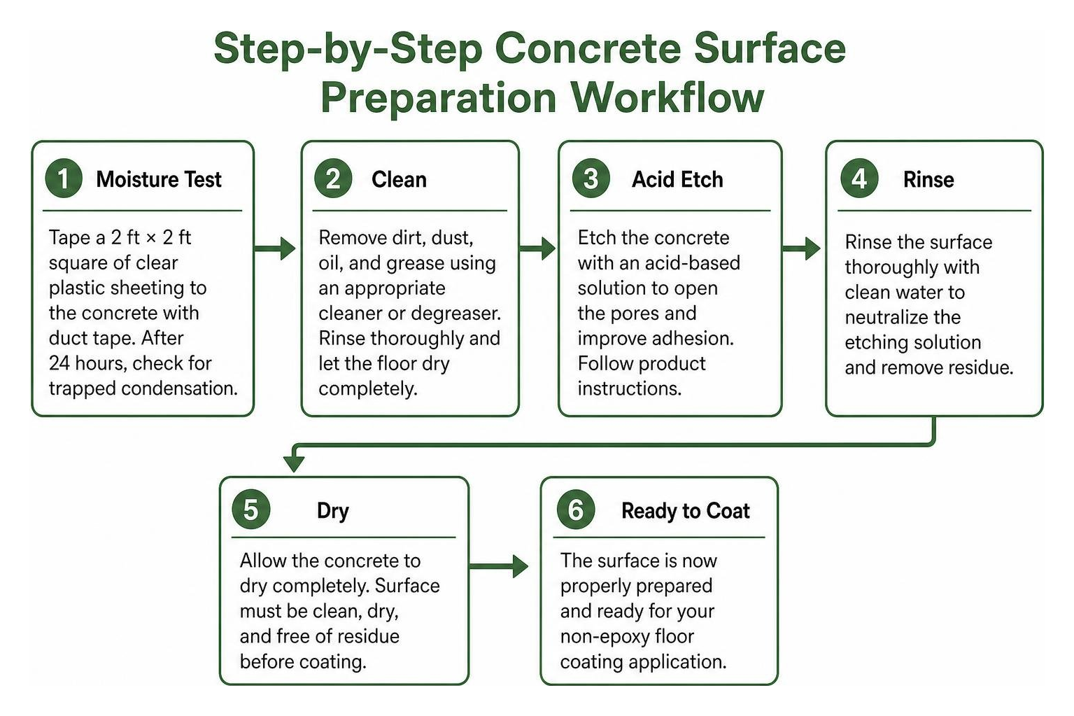 Step-by-step concrete surface preparation workflow Step-by-step concrete surface preparation workflow