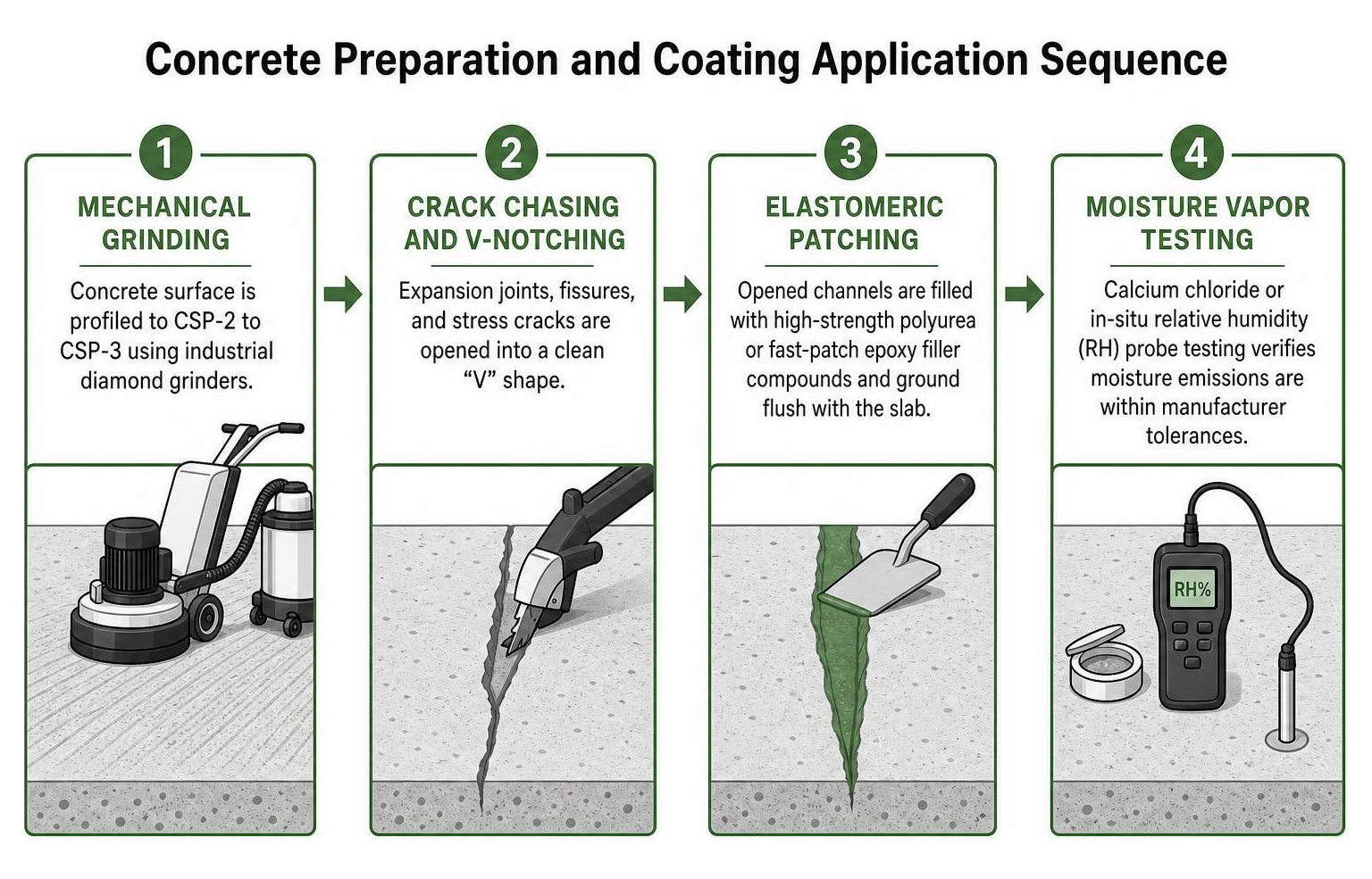 Concrete preparation and coating application sequence Concrete preparation and coating application sequence