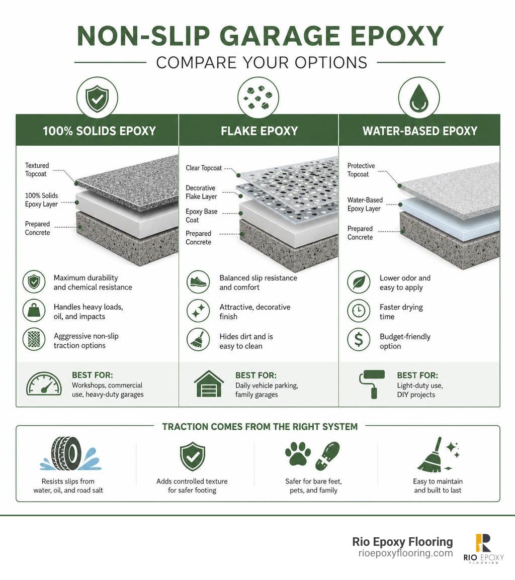 Comparison of 100% solids, flake, and water-based non-slip garage epoxy options infographic Comparison of 100% solids, flake, and water-based non-slip garage epoxy options infographic