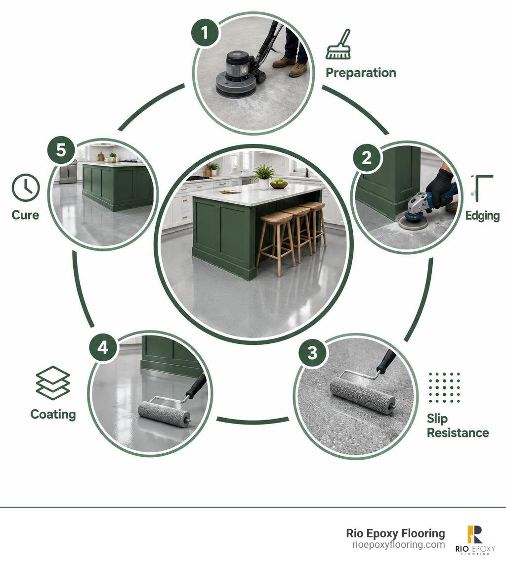 Infographic showing preparation, edging, slip resistance, coating, and cure steps around an island infographic Infographic showing preparation, edging, slip resistance, coating, and cure steps around an island infographic