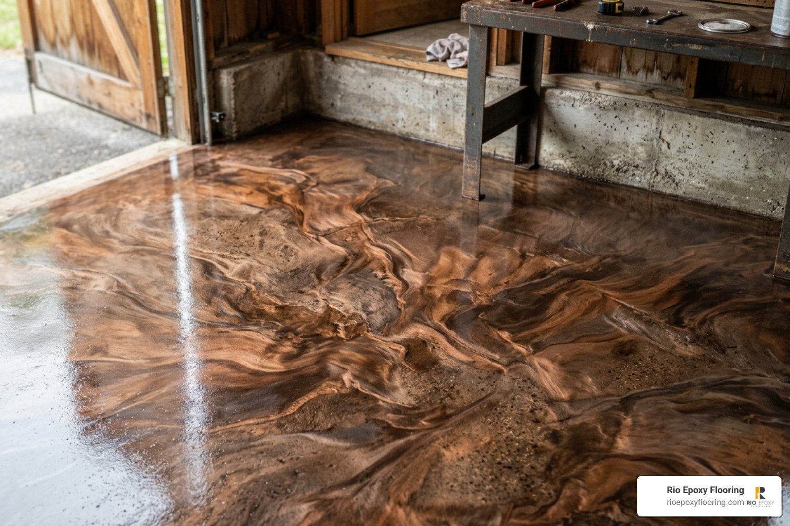 Rustic mocha and copper swirled epoxy garage floor Rustic mocha and copper swirled epoxy garage floor