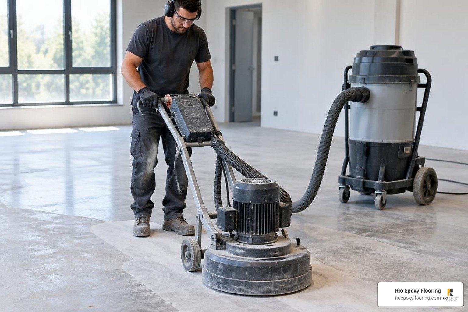 technician diamond grinding a concrete floor with dust extraction technician diamond grinding a concrete floor with dust extraction