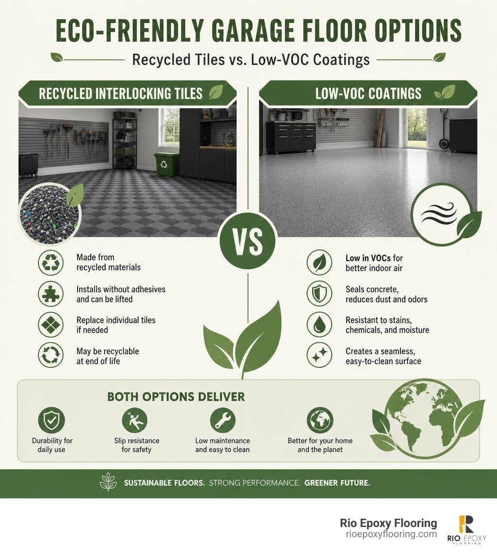 Eco-friendly garage floor options: recycled tiles versus low-VOC coatings infographic Eco-friendly garage floor options: recycled tiles versus low-VOC coatings infographic