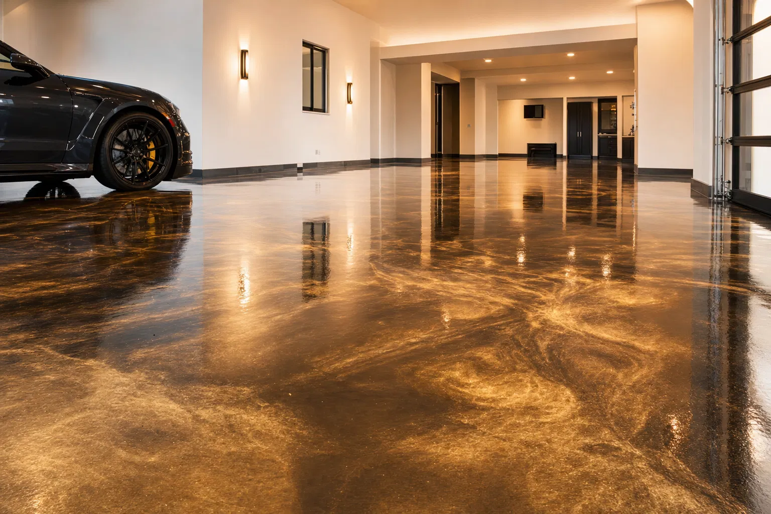 custom metallic and full broadcast flake epoxy finishes