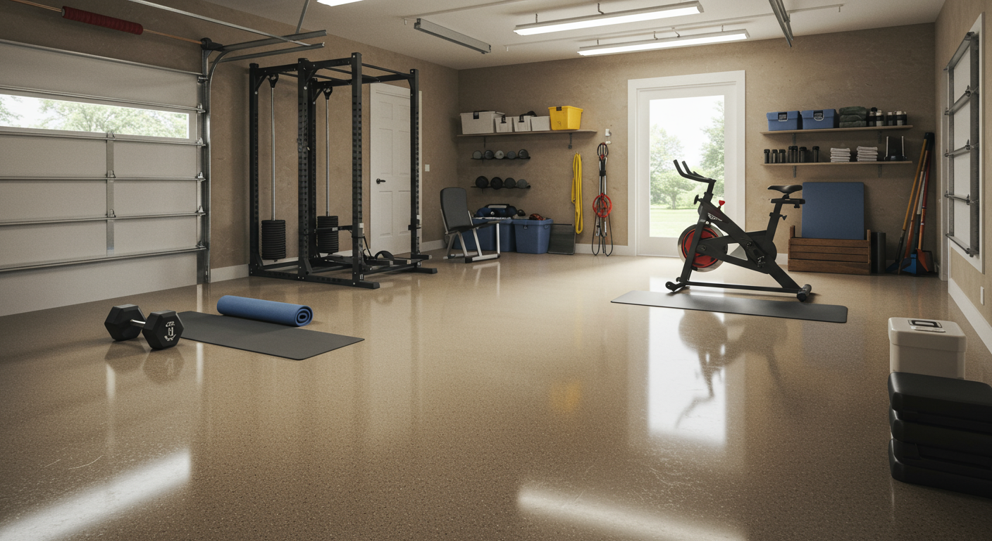 Modern garage with sleek car and high-gloss grey flake epoxy floor, perfectly clean and well-lit.