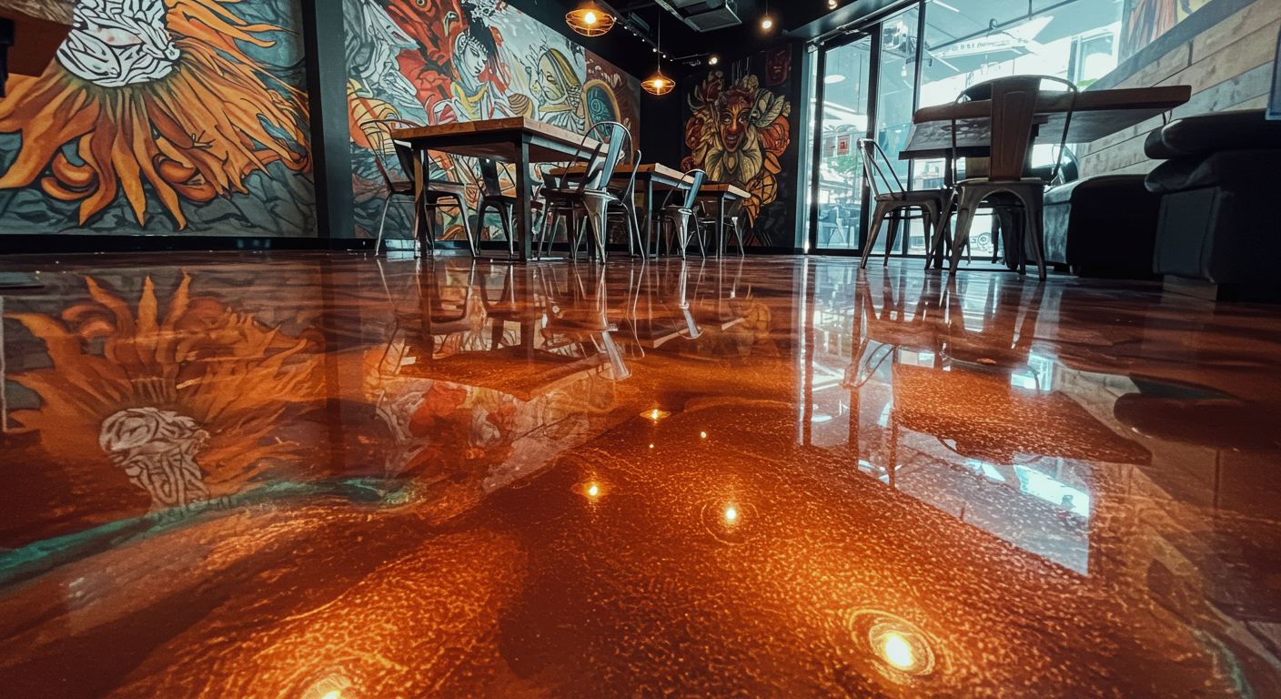 Luxurious living room with stunning dark metallic epoxy floor, reflecting ambient light.