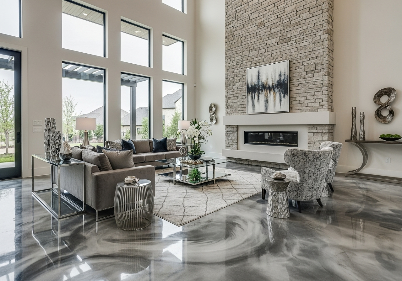 Modern Dallas home interior with residential epoxy flooring Dallas metallic installation, contemporary furniture, and natural lighting