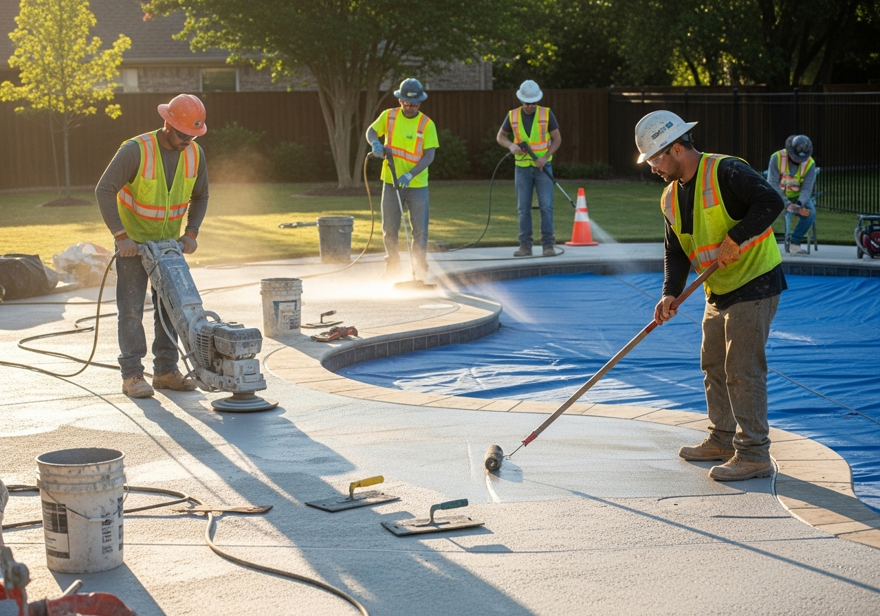 Professional crew performing pool deck resurfacing Dallas TX installation with proper equipment and safety procedures during surface preparation