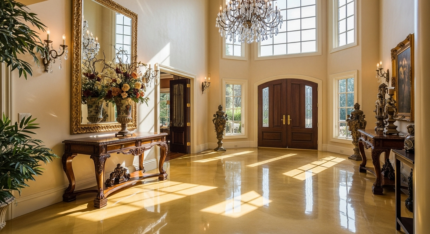25 Luxury Epoxy Flooring Highland Park Dallas Designs Ultra-realistic photograph of a luxury Highland Park Dallas mansion foyer featuring champagne gold metallic epoxy flooring, natural lighting streaming through large windows, elegant furniture, warm afternoon lighting, professional interior photography style, high-end residential setting, 4K quality