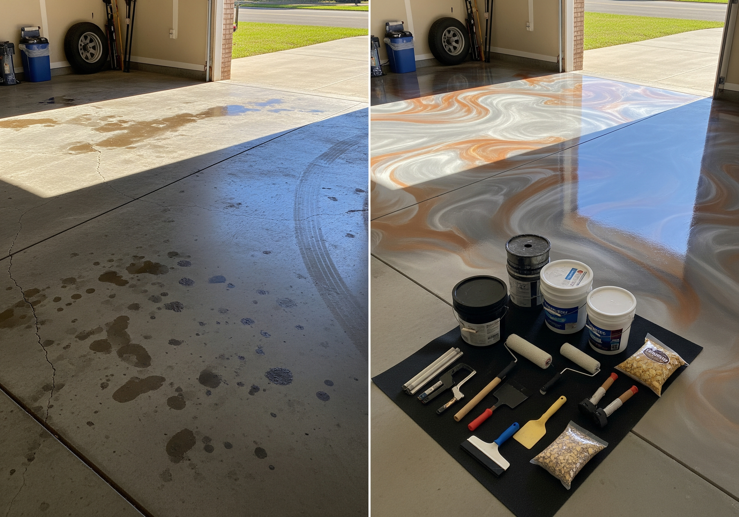 Step-by-step epoxy flooring installation guide Texas showing concrete surface preparation, professional using diamond grinder with dust collection system, safety equipment visible, Texas garage setting, morning lighting, detailed equipment focus