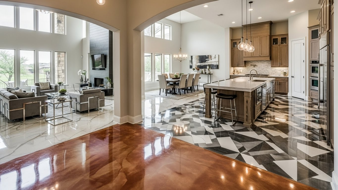 Photorealistic interior of a modern luxury home in Dallas-Fort Worth area, showcasing multiple rooms with different epoxy flooring designs including metallic copper swirls in living room, geometric patterns in kitchen, and marble-effect in dining area. Natural lighting through large windows, contemporary furniture, warm color palette, professional photography style, 4K resolution. 50 Luxury Epoxy Flooring DFW 2025 Trends & Designs Guide