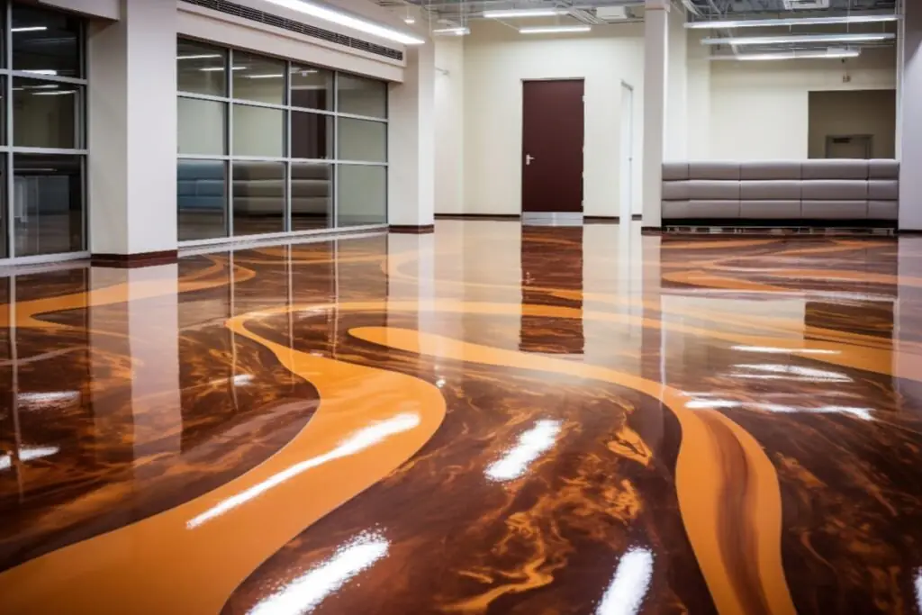warm coffee-toned metallic epoxy floor in a boutique cafe