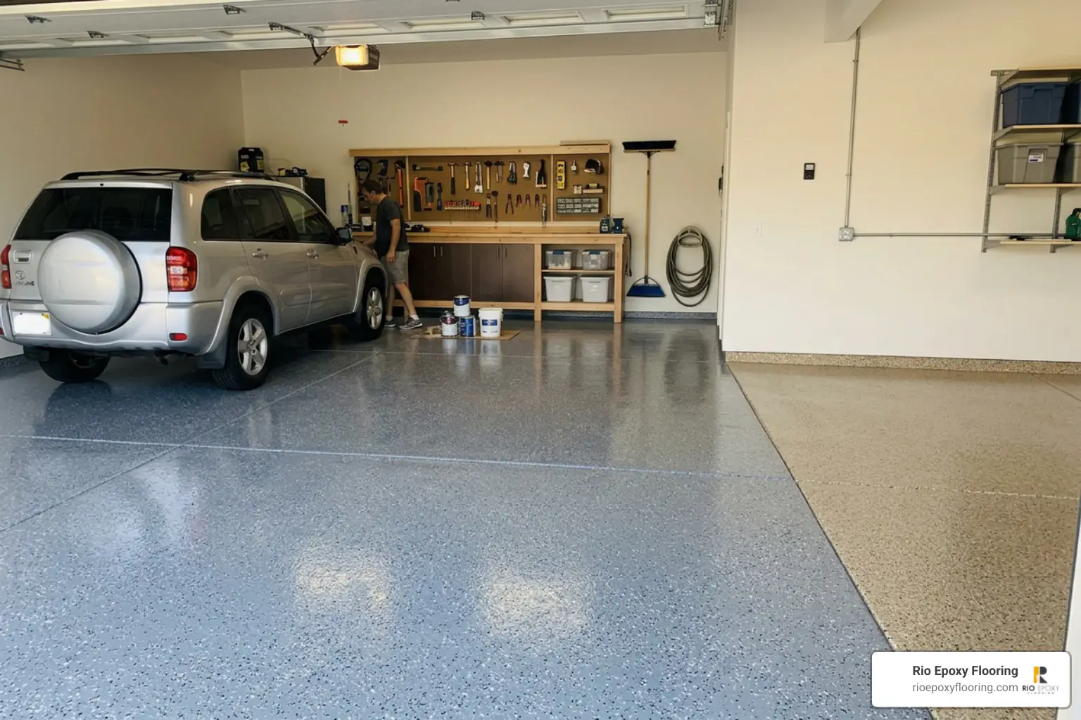 Sports team themed garage epoxy floor flakes